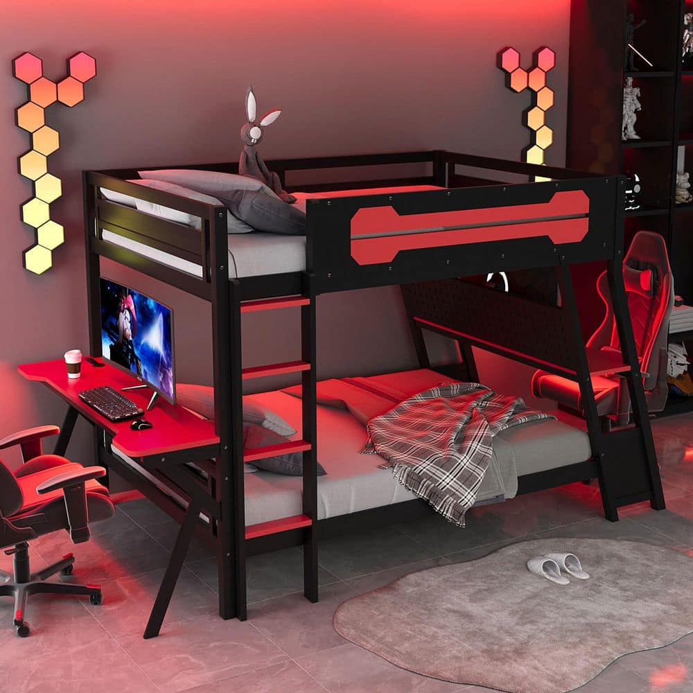 Polibi Red Full over Full Wood Frame Bunk Bed with Two Built-In Gaming ...