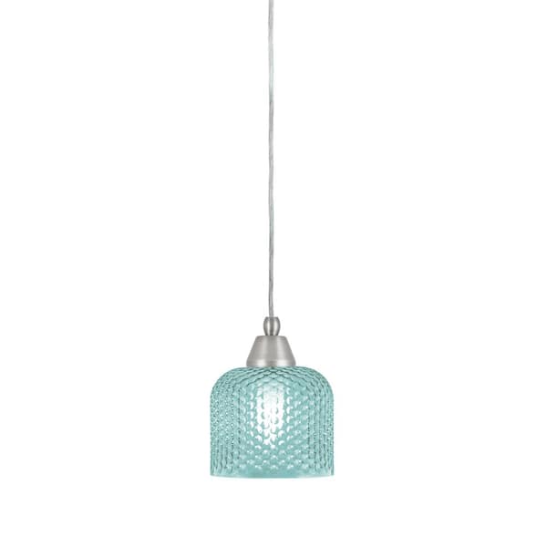 Unbranded Bryson 6 in. 1-Light Brushed Nickel Cord Pendant Light with 6 in. Turquoise Textured Glass Shade, no bulb included