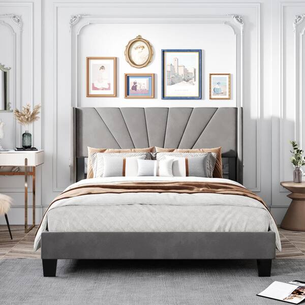 Velvet Upholstered Platform Bed, Gray Tufted Velvet Headboard Queen Size Bed Dimensions
