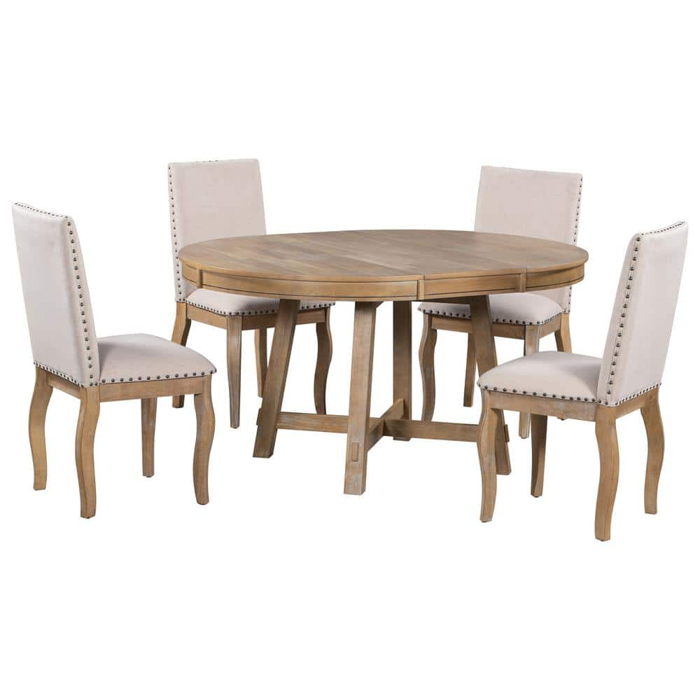 5 PCS Extendable Wood Dining Table Set with Round Table and 4 Upholstered  Chairs, Natural Wood Wash-ModernLuxe