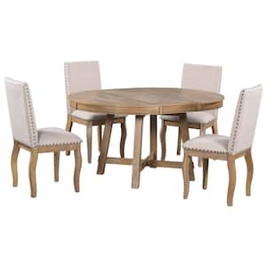 5-Piece Natural Wood Top Round Dining Table Set, Extendable Kitchen Table and 4 Upholstered Dining Chairs for 4 Person