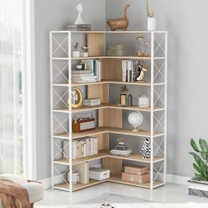 70.9 in. Oak 7-Tier Bookcase Home Office Bookshelf, L-Shaped Corner Bookcase with Metal Frame