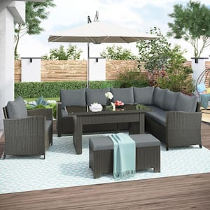 6-Piece U_STYLE Rattan Wicker Outdoor Patio Conversation Set, Dining Table Chair with Bench and Cushions-Gray