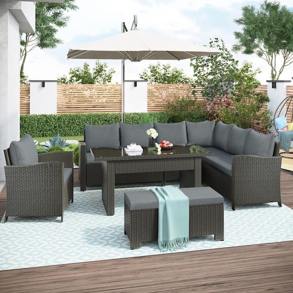 Afoxsos 6-Piece U_STYLE Rattan Wicker Outdoor Patio Conversation Set, Dining Table Chair with Bench and Cushions-Gray