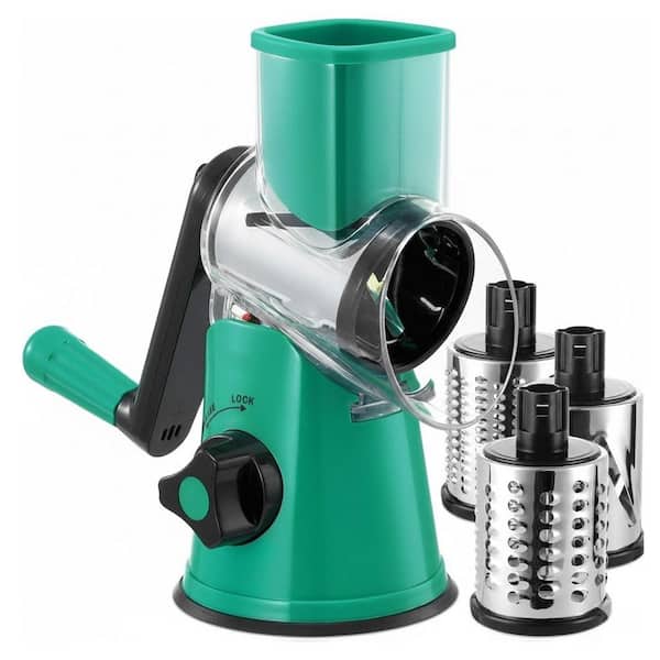Dark Green Rotary Cheese Grater with 3 Interchangeable Stainless Steel Blades and Handle for Slicing Shredding Grinding