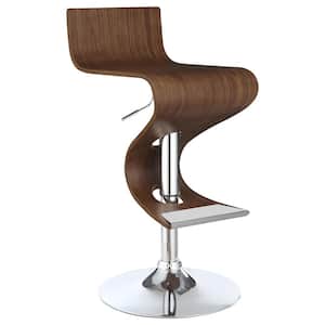30 in. H Walnut and Chrome Low Back Metal Frame Adjustable Bar Stool with Wood Seat