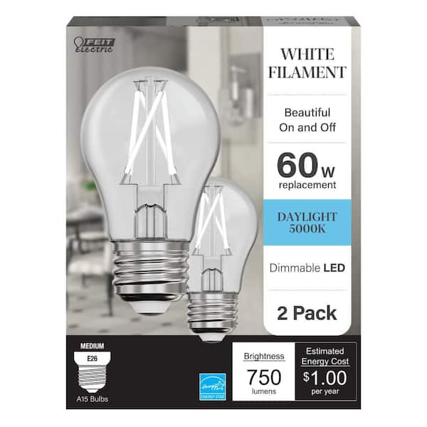 Feit Electric 60-Watt Equivalent A15 Dimmable White Filament CEC Clear Glass E26 LED Ceiling Fan Light Bulb, Daylight 5000K (2-Pack)