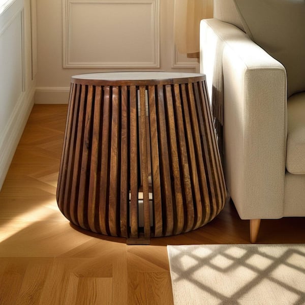 Cascade 24 in. Chestnut Slatted Bell Round Wood End Table