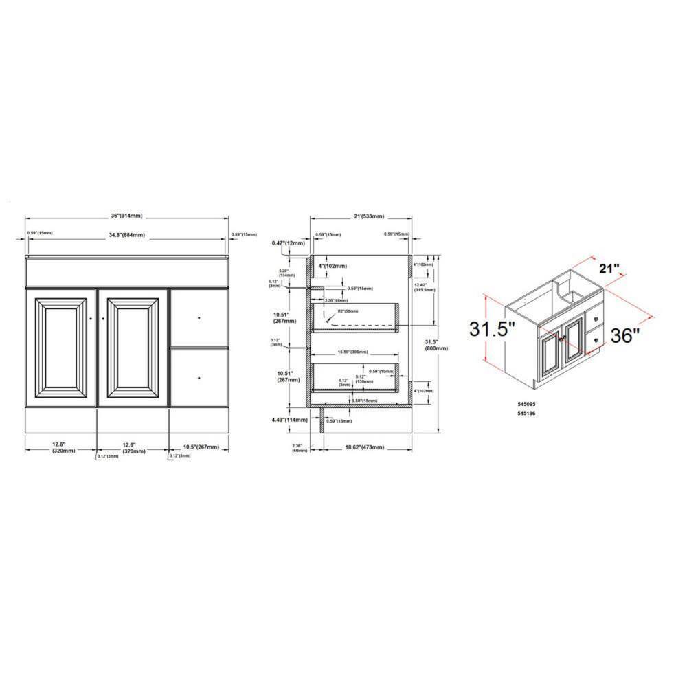 Wyndham 36" White Solid Wood Bathroom Vanity with Satin Nickel Hardware
