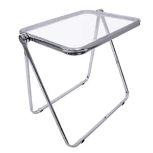 Lawrence Mid-Century Modern Square Folding End Side Table with Plastic Tabletop and Iron Frame (Clear)
