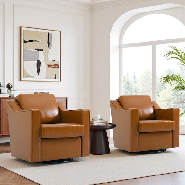 Modern Light Brown Faux Leather Upholstered Swivel Accent Barrel Chair with Metal Base (Set of 2)