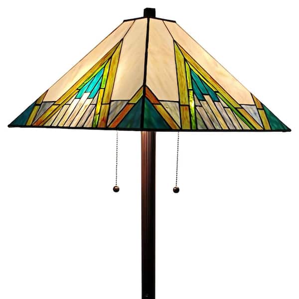 Amora Lighting Tiffany 62 in. Green & Tan Standing Floor Lamp with Stained Glass Shade