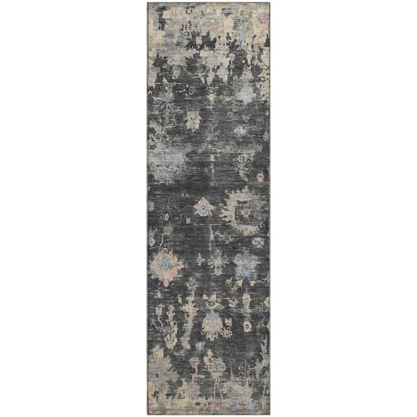 Mayfield Premium Machine Washable Abstract AMF2302 Charcoal 2 ft. x 7 ft. Runner Rug