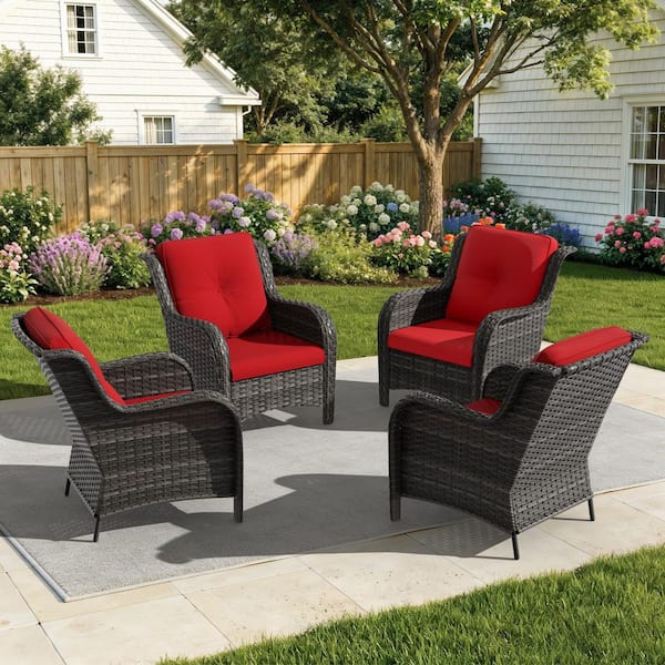 4-Piece Ergonomic Arm Patio Wicker Outdoor Lounge Chair with Thick Red Cushions