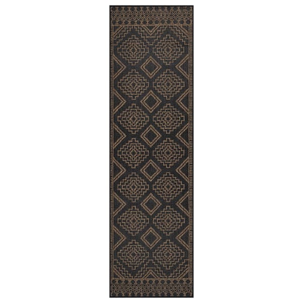 Geometric Border Dark Gray/Natural Easy-Care Jute-Style Indoor/Outdoor Flat Woven 2 ft. 3 in. x 8 ft. Dark Gray Area Rug