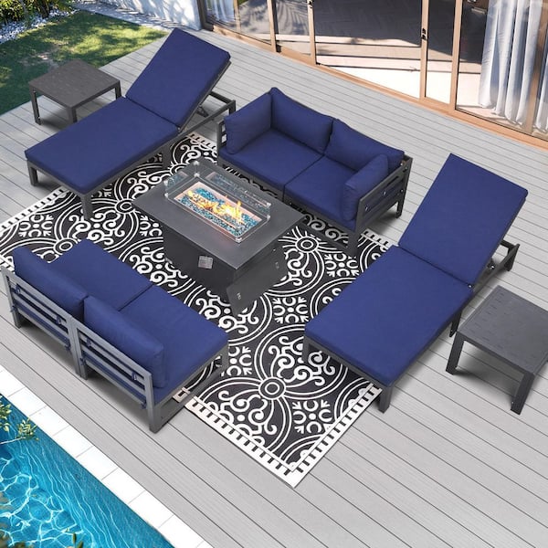 FINCATI 9-Piece Outdoor Gray Aluminum Patio Furniture Conversation Set Fire Pit Set with Navy Blue Cushion, Lounger, Ottoman
