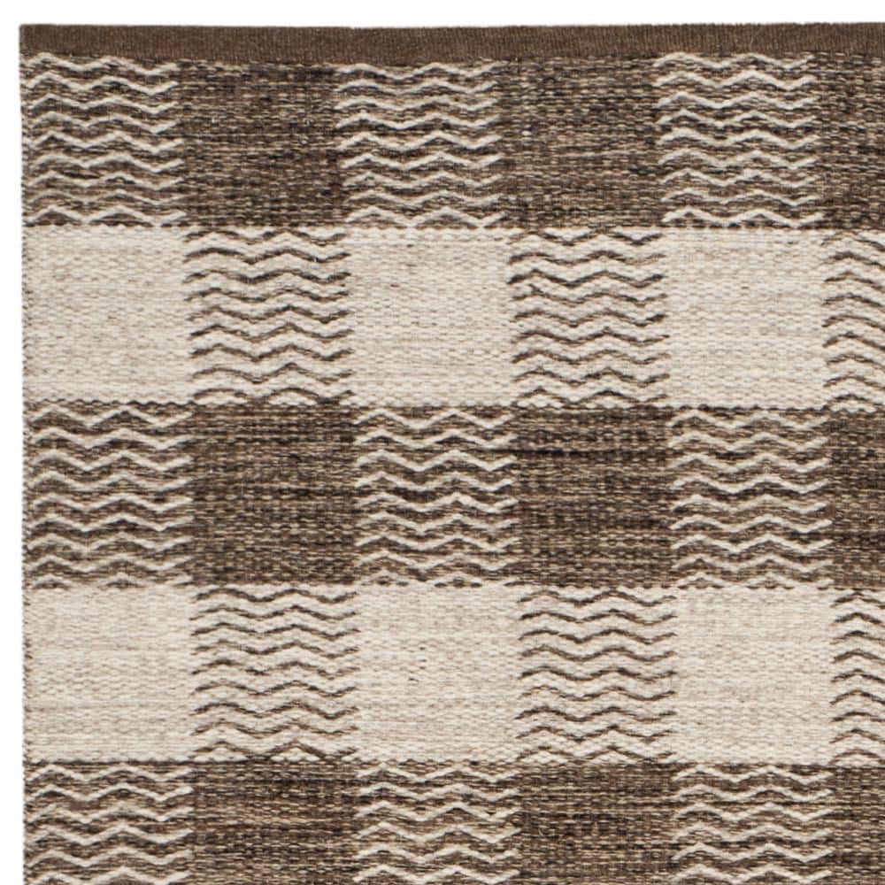 Light Grey and Brown Handmade Wool Checkered Area Rug, 5' x 8'