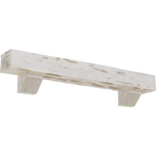 Ekena Millwork 4 in. x 4 in. x 4 ft. Pecky Cypress Faux Wood Fireplace Mantel Kit, Ashford Corbels, Factory Prepped Ready to Paint