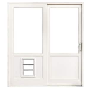 72 in. x 80 in. White Right-Hand Gliding Composite Shaker LoE 2/3 Lite Patio Door with Nickel Handleset and Pet Door