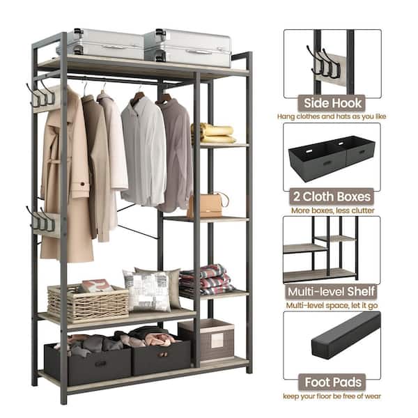 Amucolo Light Ivory Metal Free-Standing Closet Organizer Clothes Rack with 2 Storage Box and Side Hook(43.7 in. W x 70.08 in. H)