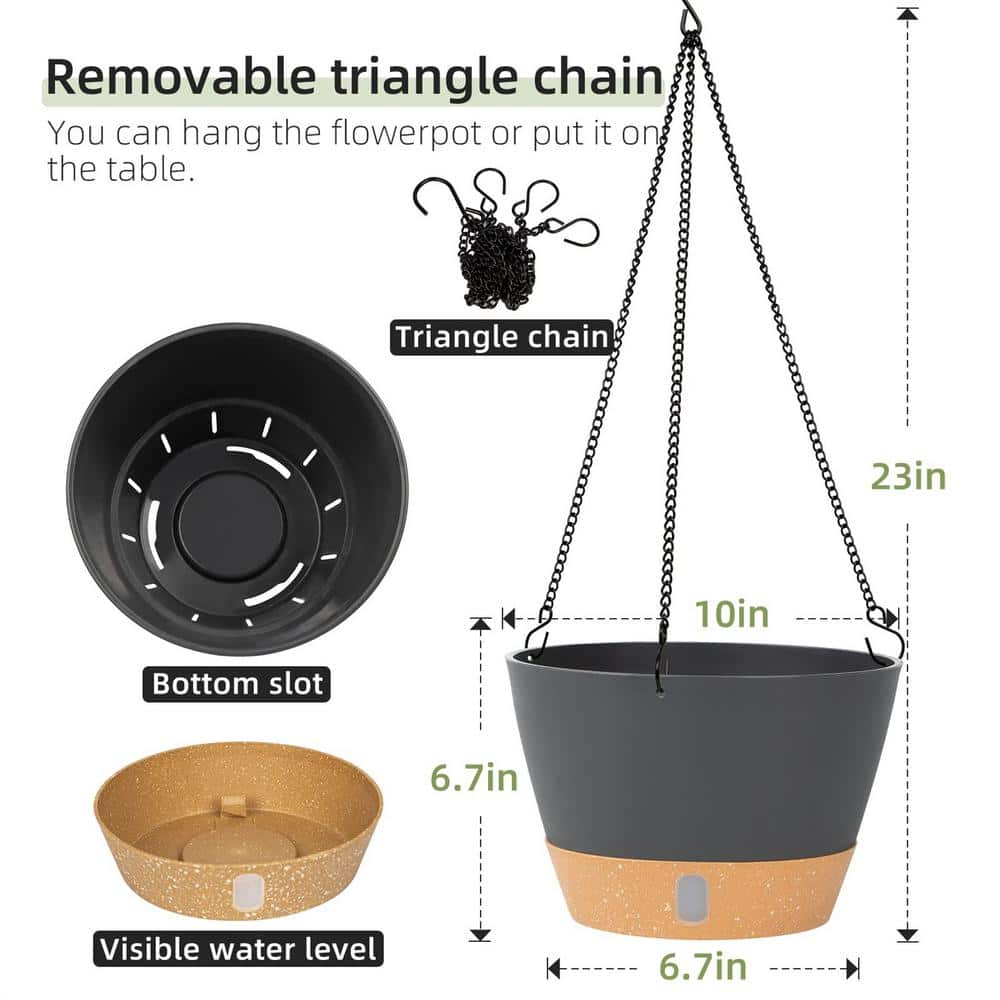10" Dark Gray Plastic Hanging Planter with Self-Watering Tray