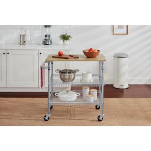 Gatefield Chrome Metal Rolling Kitchen Microwave Cart with Natural Wood Top and Tiered Shelves (36'' W)