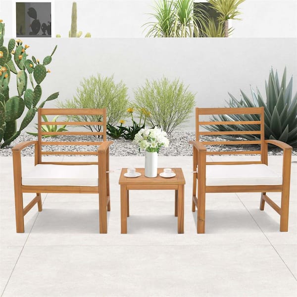 Costway 4-Piece Patio Wood Conversation Set with Soft Seat and White Cushions