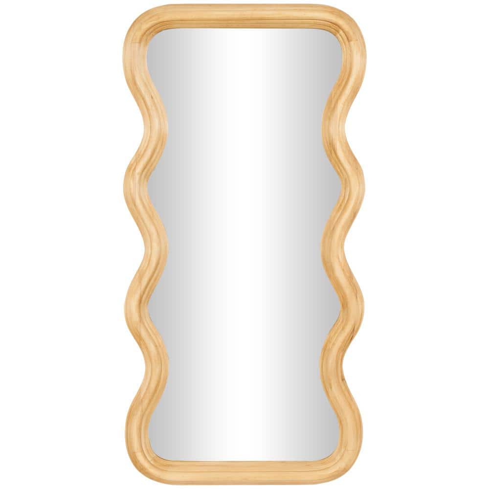 Wavy Poplar Wood Asymmetrical Wall Mirror in Natural Brown