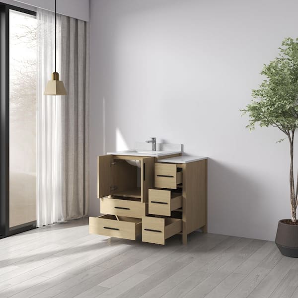 Nodus 36 in. W x 22 in. D x 34 in. H Single Sink Freestanding Bath Vanity in Oak with White Carrara Cultured Marble Top