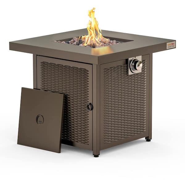 onlyfire 28 in. Large Fireplace Outdoor Fire Pit Table with Lid, Auto-Ignition and Lava Rock in Brown