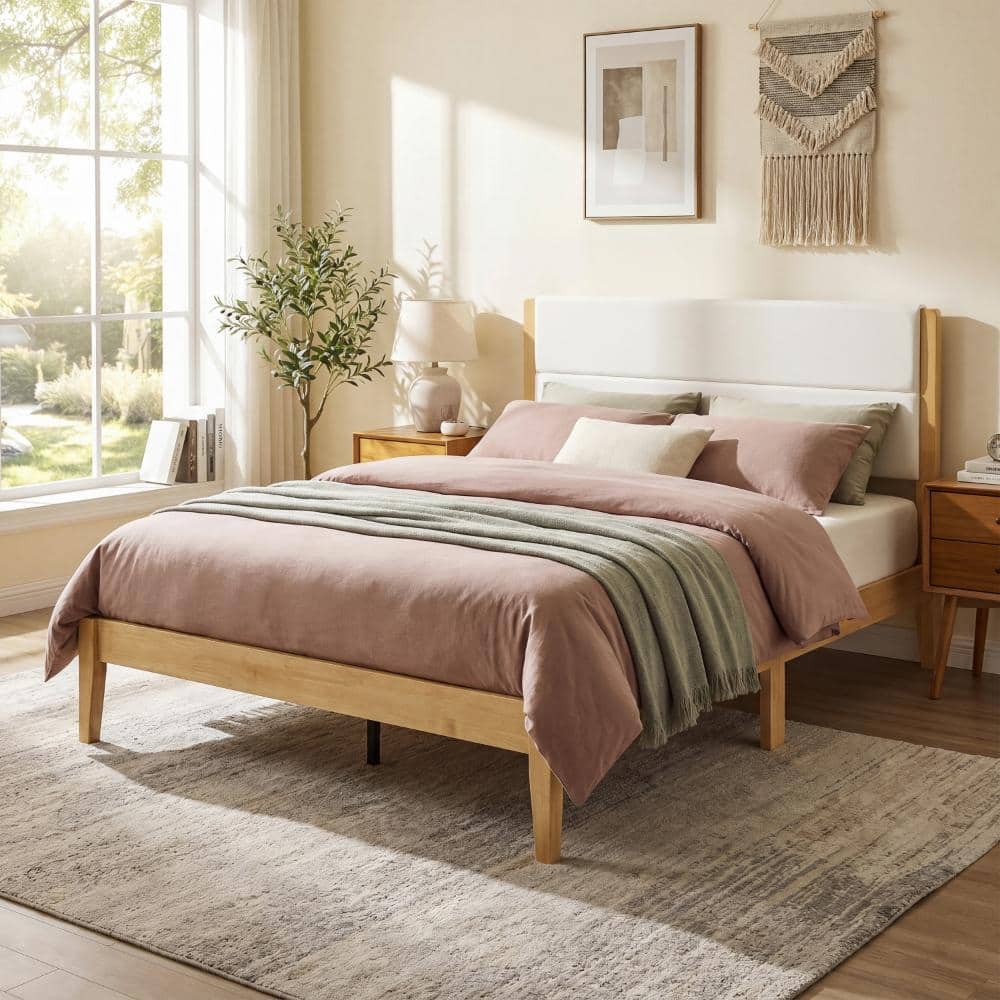 Natural Wood Frame Full Size Platform Bed with Upholstered Headboard price history on PriceWatchPro