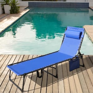 Outdoor Folding Chaise Lounge Chair Fully Flat for Beach with Pillow and Side Pocket, Dark Blue