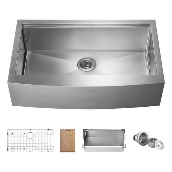 36in. Farmhouse/Apron-Front Single Bowl 16-Gauge Satin Stainless Steel Kitchen Sink with Cutting Board Colander Strainer