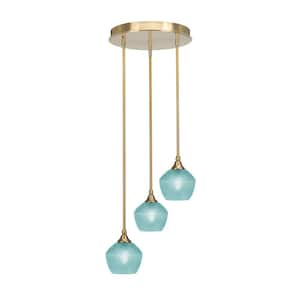 Villa 15 in. 3-Light New Age Brass Cluster Pendant Light with 6 in. Turquoise Textured Glass Shades, no bulbs included