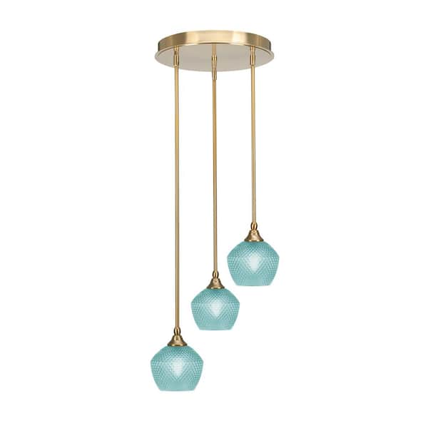 Unbranded Villa 15 in. 3-Light New Age Brass Cluster Pendant Light with 6 in. Turquoise Textured Glass Shades, no bulbs included