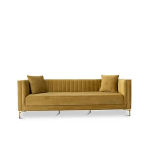 Kali 91 in. W Square Arm Velvet Mid Century Modern Style Sofa Couch in Yellow Mustard (Seats 3)