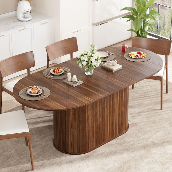 Tivora Modern Rustic Walnut Finish MDF Wood Top Striped Column Base Oval Extendable Dining Table, Seats 6