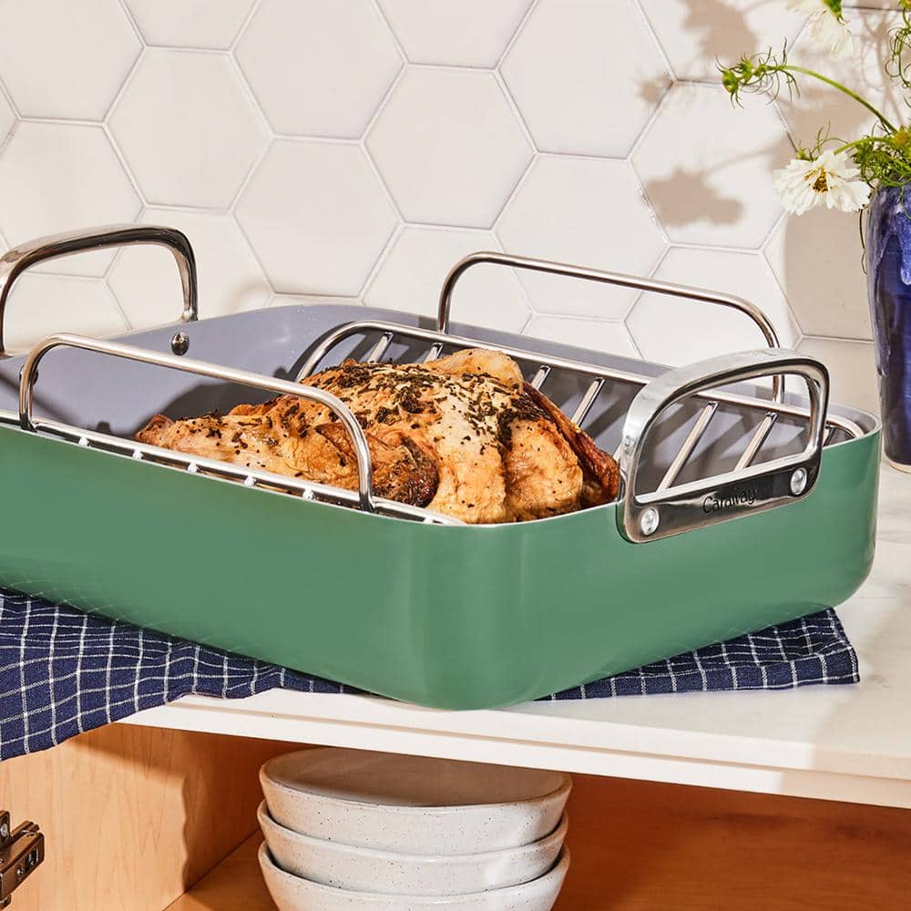 Sage Green Nonstick Square Roasting Pan with Rack and Handles