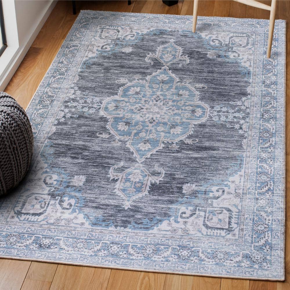 Gray and Blue Chenille Medallion Washable Area Rug