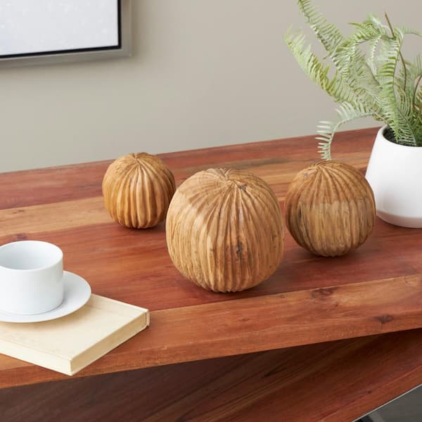 Litton Lane Brown Handmade Teak Wood Carved Textured Orbs and Vase Filler with Ridges (3- Pack)