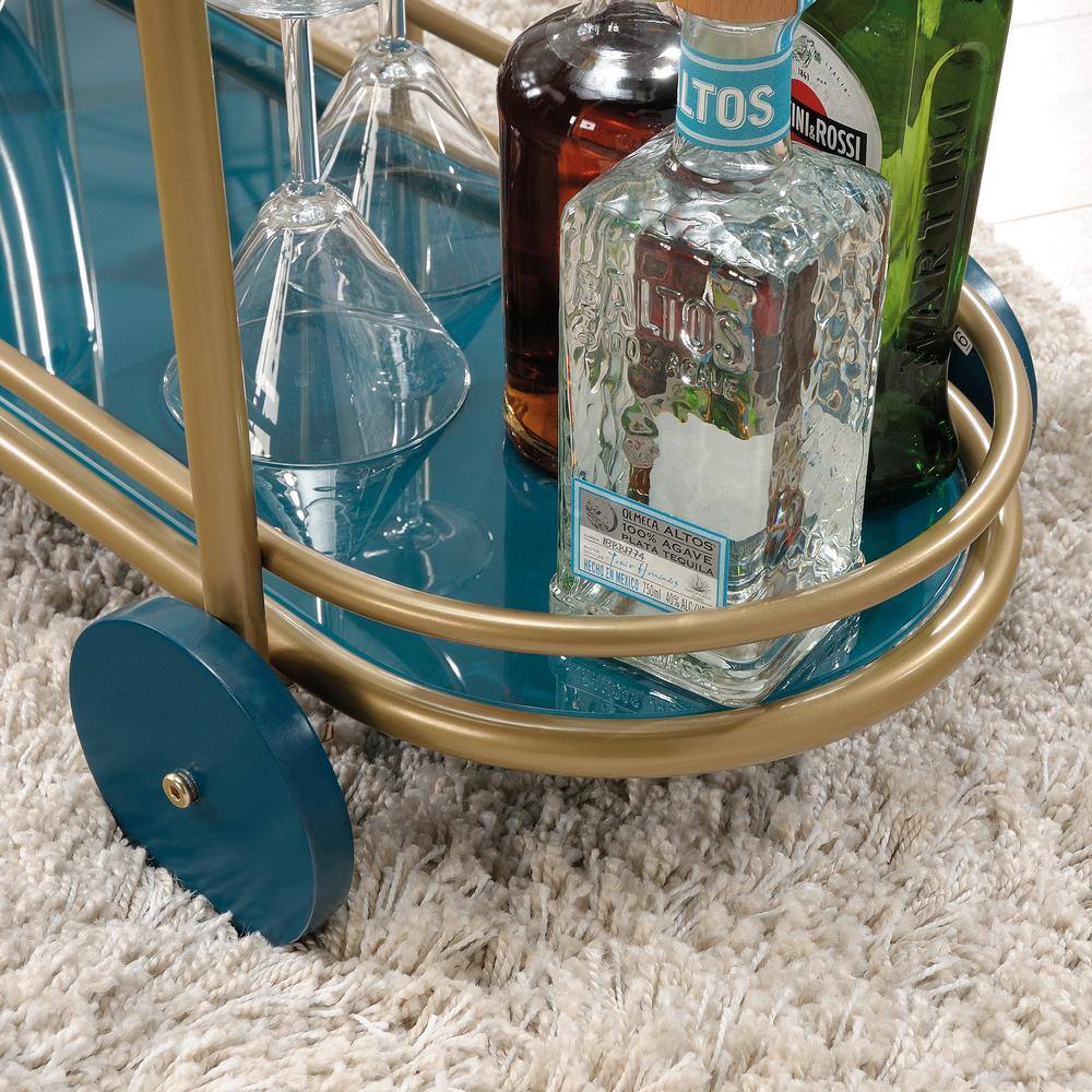 Satin Gold Coral Cape Bar Cart with Tempered Glass Shelves