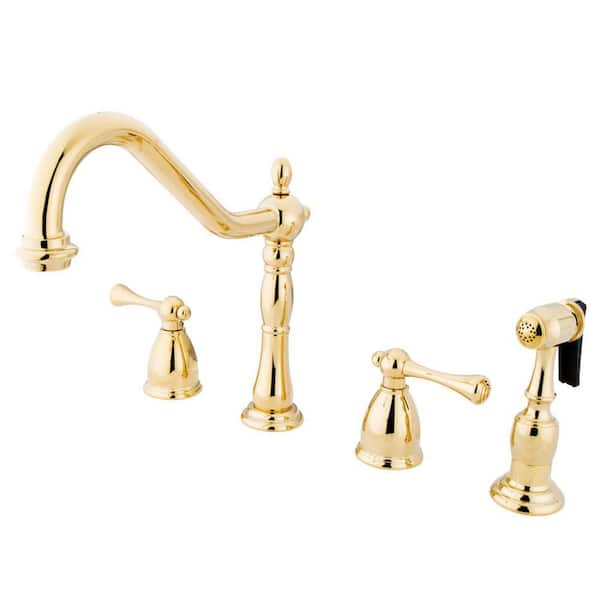 Kingston Brass Heritage 2-Handle Deck Mount Widespread Kitchen Faucets with Brass Sprayer in Polished Brass