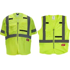 Large/X-Large Yellow Class 2 and Class 3 High Visibility Safety Vest with 10-Pockets with and without Sleeves (2-Pack)