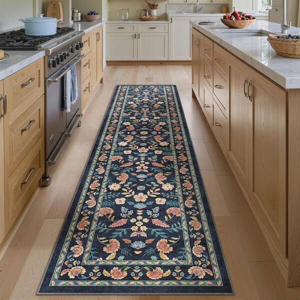 Blossom Navy Blue 2 ft. x 8 ft. Floral Washable Runner Rug
