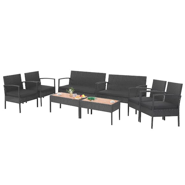 Costway 8-Pieces Wicker Patio Conversation Set Wooden Tabletop with Black Cushions