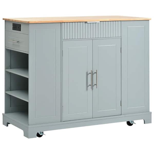 Ximuprmy Gray Wood 48 in. Kitchen Island with Trash Can Storage Cabinet, 2-Power Outlet, 3-Open Side Racks for Kitchen Room