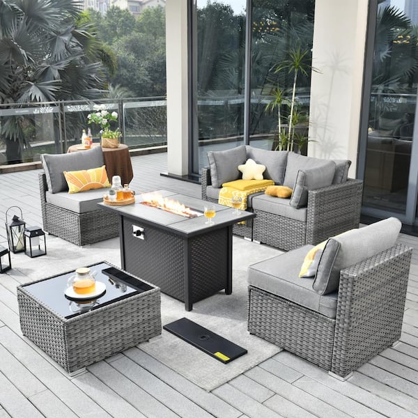 Toject Sanibel Gray 6-Piece Wicker Outdoor Patio Conversation Sofa Sectional Set with a Metal Fire Pit and Dark Gray Cushions