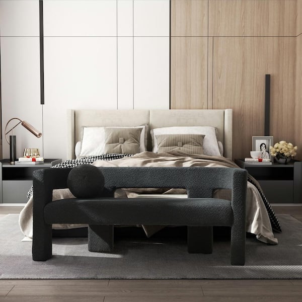 KINWELL Jet Black Boucle Upholstered Bedroom Bench with Toss Pillow 66 in.