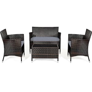 4-Piece PE Rattan Wicker Comfortable Outdoor Patio Conversation Set with Glass Coffee Table and Gray Cushions