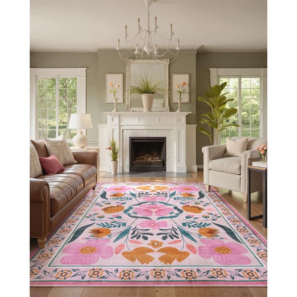 Lahome Cottagecore Floral Washable Non-Slip Pink 6 ft. x 9 ft